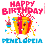 A vibrant and funny gift box character with a happy face dancing with a cupcake and the text 'Happy Birthday Penelopeia,' surrounded by animated confetti and party vibes.