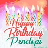 Bright birthday candles with rainbow flames on a cake, alongside the text 'Happy Birthday Penelopi' in vibrant script in this celebratory animated GIF.