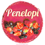 Beautifully decorated red velvet berry birthday cake with vibrant fruits and a glowing 'Penelopi' name, adding a touch of sweetness and sparkle.