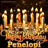 A glowing personalized birthday GIF with name Penelopi featuring lit candles with intricate designs, warm lighting, and the text 'Happy Birthday' in an elegant font.