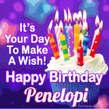 A colorful birthday GIF for Penelopi featuring a cupcake with vibrant lit candles and the text 'It's Your Day to Make a Wish! Happy Birthday Penelopi' in bold letters on a festive purple background.