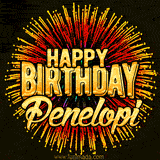 Golden 'Happy Birthday Penelopi' text accompanied by animated rainbow fireworks for a festive animated greeting.