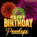A golden 'Happy Birthday Penelopi' message with vibrant fireworks in the background, creating a festive and celebratory vibe in this animated name GIF.