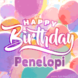A vibrant name GIF featuring colorful balloons in shades of pink, orange, and yellow with the bold text 'Happy Birthday Penelopi' in festive fonts, creating a lively birthday vibe.