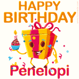 A vibrant and funny gift box character with a happy face dancing with a cupcake and the text 'Happy Birthday Penelopi,' surrounded by animated confetti and party vibes.