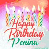 Bright birthday candles with rainbow flames on a cake, alongside the text 'Happy Birthday Penina' in vibrant script in this celebratory animated GIF.
