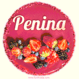 Beautifully decorated red velvet berry birthday cake with vibrant fruits and a glowing 'Penina' name, adding a touch of sweetness and sparkle.