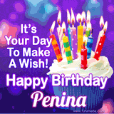 A colorful birthday GIF for Penina featuring a cupcake with vibrant lit candles and the text 'It's Your Day to Make a Wish! Happy Birthday Penina' in bold letters on a festive purple background.