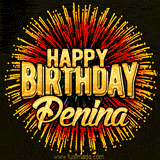 Golden 'Happy Birthday Penina' text accompanied by animated rainbow fireworks for a festive animated greeting.