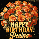 Animated bouquet of orange roses with moving butterfles and golden 'Happy Birthday Penina' text, surrounded by sparkling accents and a dark backdrop for a luxurious feel.