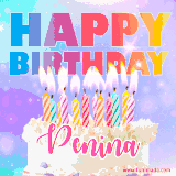 A vibrant animated name GIF with the words 'Happy Birthday Penina' with colorful candles on a creamy cake. The background sparkles with pastel shades, adding a festive touch.