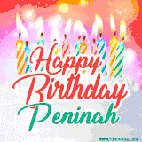 Bright birthday candles with rainbow flames on a cake, alongside the text 'Happy Birthday Peninah' in vibrant script in this celebratory animated GIF.