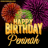 A golden 'Happy Birthday Peninah' message with vibrant fireworks in the background, creating a festive and celebratory vibe in this animated name GIF.