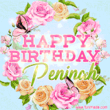 A charming animated GIF featuring 'Happy Birthday Peninah' in pink and green text, surrounded by delicate roses, leaves, and fluttering butterflies on a soft light blue pastel background.