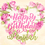 A stunning heart made of pink roses surrounds the elegant script text 'Happy Birthday Peninah' on a soft beige background. Animated sparkles add a magical and festive feel.