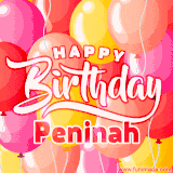 A vibrant name GIF featuring colorful balloons in shades of pink, orange, and yellow with the bold text 'Happy Birthday Peninah' in festive fonts, creating a lively birthday vibe.