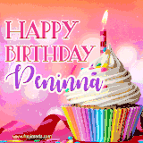 A vibrant birthday GIF featuring a rainbow-colored cupcake topped with white frosting, sprinkles, and a lit candle. The text reads 'Happy Birthday Peninna' in bold pink and violet letters with white outline.