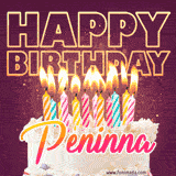 A colorful birthday cake topped with lit candles, with the words 'Happy Birthday Peninna' in bold glowing letters on a burgundy background. Animated flames add a festive touch.