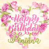 A stunning heart made of pink roses surrounds the elegant script text 'Happy Birthday Peninna' on a soft beige background. Animated sparkles add a magical and festive feel.