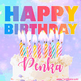A vibrant animated name GIF with the words 'Happy Birthday Penka' with colorful candles on a creamy cake. The background sparkles with pastel shades, adding a festive touch.