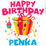 A vibrant and funny gift box character with a happy face dancing with a cupcake and the text 'Happy Birthday Penka,' surrounded by animated confetti and party vibes.