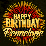 Golden 'Happy Birthday Pennelope' text accompanied by animated rainbow fireworks for a festive animated greeting.
