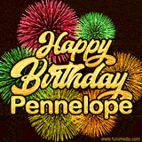 Golden text reading 'Happy Birthday Pennelope' surrounded by vibrant fireworks in red, green, and yellow, set against a dark background in this celebratory birthday GIF.