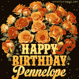 Animated bouquet of orange roses with moving butterfles and golden 'Happy Birthday Pennelope' text, surrounded by sparkling accents and a dark backdrop for a luxurious feel.