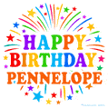 Happy Birthday Pennelope' GIF with rainbow-colored letters, colorful stars, and fireworks on white background.