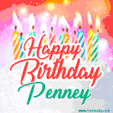 Bright birthday candles with rainbow flames on a cake, alongside the text 'Happy Birthday Penney' in vibrant script in this celebratory animated GIF.