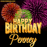 A golden 'Happy Birthday Penney' message with vibrant fireworks in the background, creating a festive and celebratory vibe in this animated name GIF.