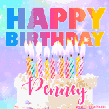 A vibrant animated name GIF with the words 'Happy Birthday Penney' with colorful candles on a creamy cake. The background sparkles with pastel shades, adding a festive touch.