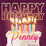 A colorful birthday cake topped with lit candles, with the words 'Happy Birthday Penney' in bold glowing letters on a burgundy background. Animated flames add a festive touch.