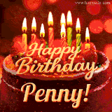 Beautifully decorated red velvet berry birthday cake with vibrant fruits and a glowing 'Penny' name, adding a touch of sweetness and sparkle.