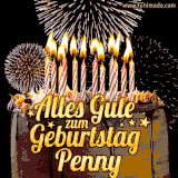 A chocolate birthday cake with glowing candles, the German text 'Alles Gute zum Geburtstag Penny,' and vibrant fireworks lighting up the background in an animated GIF.