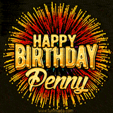 Golden 'Happy Birthday Penny' text accompanied by animated rainbow fireworks for a festive animated greeting.