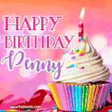 A vibrant birthday GIF featuring a rainbow-colored cupcake topped with white frosting, sprinkles, and a lit candle. The text reads 'Happy Birthday Penny' in bold pink and violet letters with white outline.