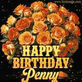 Animated bouquet of orange roses with moving butterfles and golden 'Happy Birthday Penny' text, surrounded by sparkling accents and a dark backdrop for a luxurious feel.