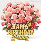 Golden 'Happy Birthday Penny' text beneath a vibrant bouquet of orange roses, complete with glittering butterflies and sparkling details.