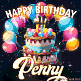 Bright birthday animation for Penny with a chocolate cake, candles, balloons, and glowing celebratory lights.