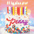 Personalized for Penny elegant birthday cake adorned with rainbow sprinkles, colorful candles and glitter