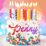 A cheerful white birthday cake with multicolor sprinkles, lit candles, and 'Penny' written in vibrant letters, in an animated GIF.