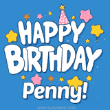 Colorful animated birthday card with the text 'HAPPY BIRTHDAY Penny!' in a white playful font surrounded by stars, hearts, and a party hat on a blue background.