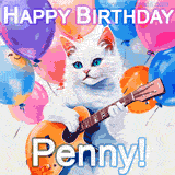 Animated GIF featuring a charming white cat with bright blue eyes strumming a guitar while colorful balloons float in the background, with 'Happy Birthday Penny!' text.