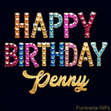 Vibrant luxury birthday greeting card for Penny, showing glittering gemstone letters and golden calligraphy on a dark background with twinkling shine effects.