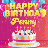 Pink-themed animated greeting with balloons, confetti, and a frosted cake under the message 'Happy Birthday Penny' in bold rounded yellow font.