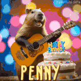 Animated birthday GIF showing a capybara playing guitar and singing beside a birthday cake with the name Penny in large letters and colorful bokeh lights in the background.