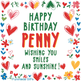 A colorful animated card for Penny’s birthday featuring playful hearts, cheerful flowers, and a handwritten message wishing smiles and sunshine.