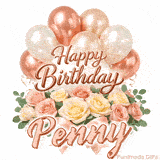 A bouquet of pastel roses and green leaves with Happy Birthday Penny animation