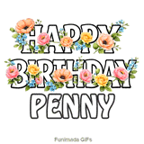 Happy Birthday Penny animated GIF with delicate forget-me-nots moving in the breeze